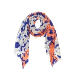 100% Australian Wool Print Scarf White Blue And Orange