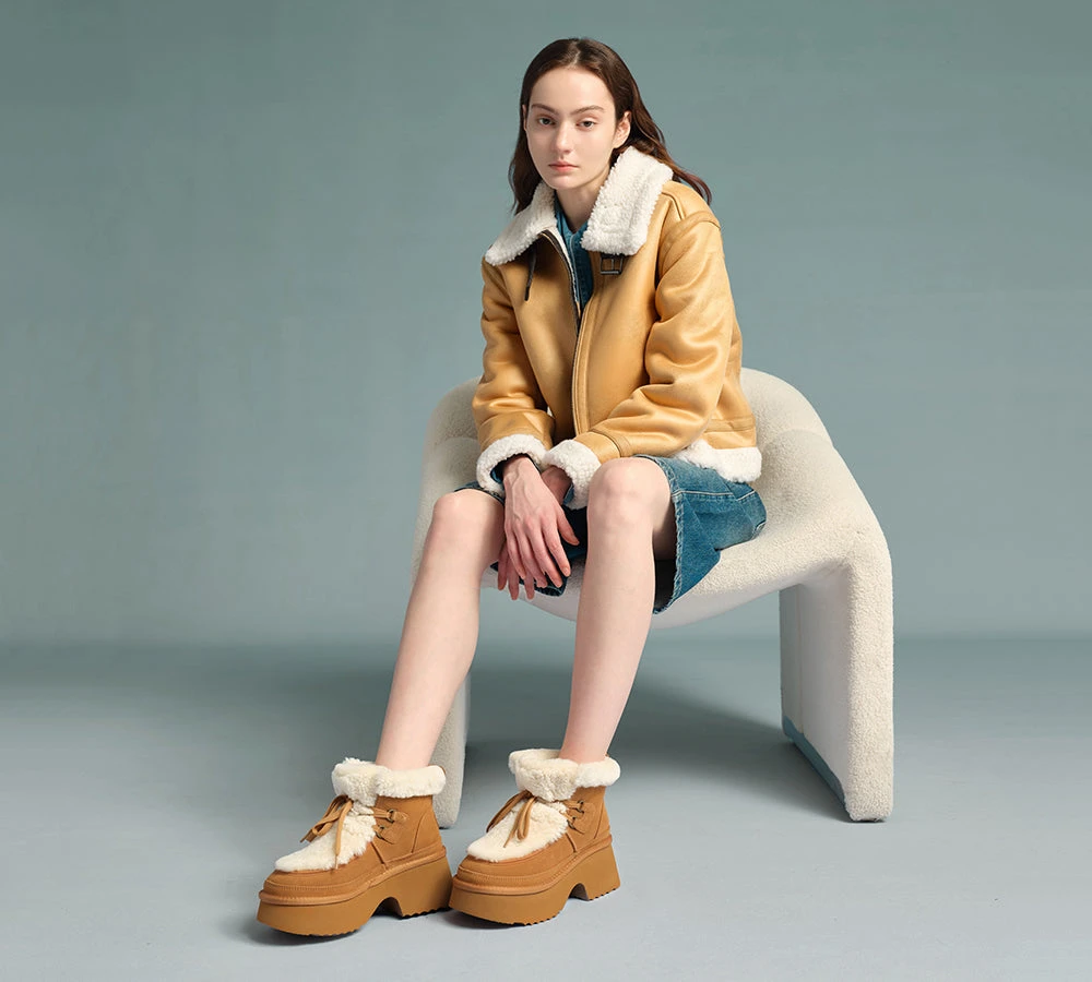 UGG Boots Women Sheepskin Wool Lace Up Chunky Platform Bumpy 2 UGG Boots Women Sheepskin Wool Lace Up Chunky Platform Bumpy - Image 2