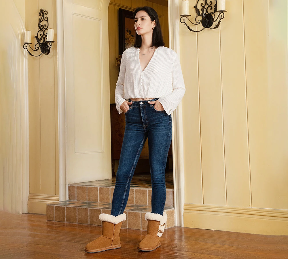 Women Short Boots Talia Twin Face Sheepskin Double Horn Toggle Closure 2 Women Short Boots Talia Twin Face Sheepskin Double Horn Toggle Closure - Image 2